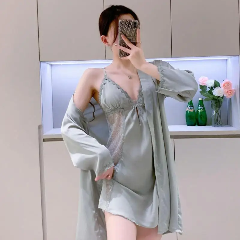 

Sexy Perspective 2PCS Kimono Robe Set Casual Nightgown Home Clothing Intimate Lingerie Satin Bride Wedding Bathrobe Gown