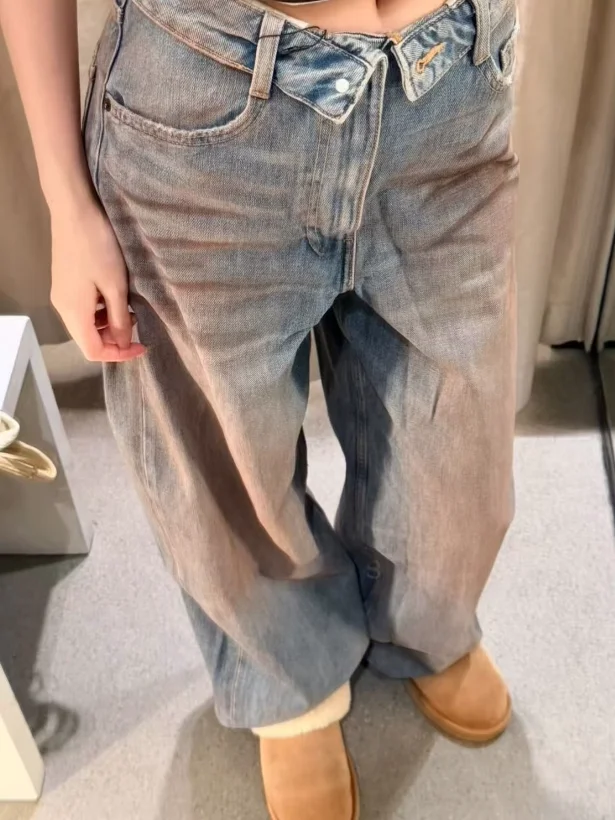 Summer Hot Girl Boyfriend Style mid Waist Cuffed Loose Wide Leg Jeans Washed out Distressed Women's Casual Cotton Denim