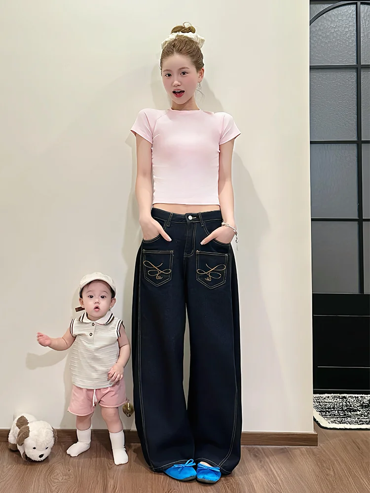 

plus Size American Style Casual Pants Women's Summer New Wide Leg Loose Trendy Jeans Knife Embroidery Comfortable High Waist
