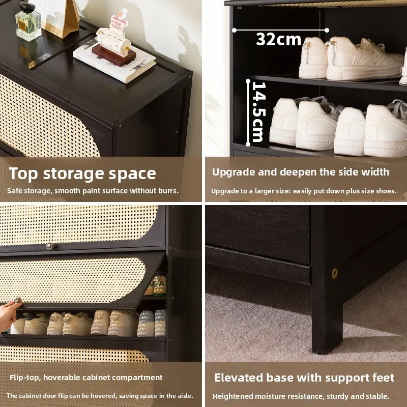Light luxury flip up multi-layer shoe cabinet, rattan decorative door shoe cabinet, entrance cabinet, dust-proof storage cabinet