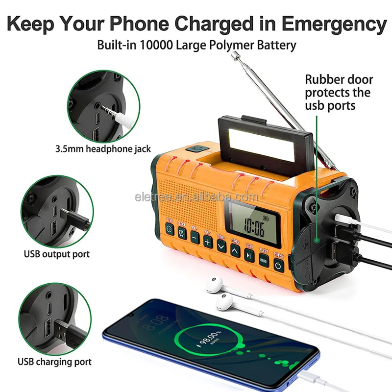 Groen 10000Mah Digitaal Noodradio Solar En Opwindbaar Battery Solar En Opw Met Solar Handkurbel Emergency Radio