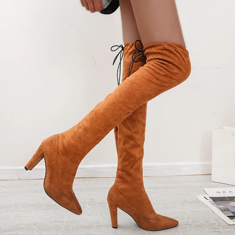 Big Size 35-43 Women Over-the-Knee Boots New Winter Soft Flock Thick Heels Fashion Pointy Toe Lace-Up Long Boot Party Work Shoes