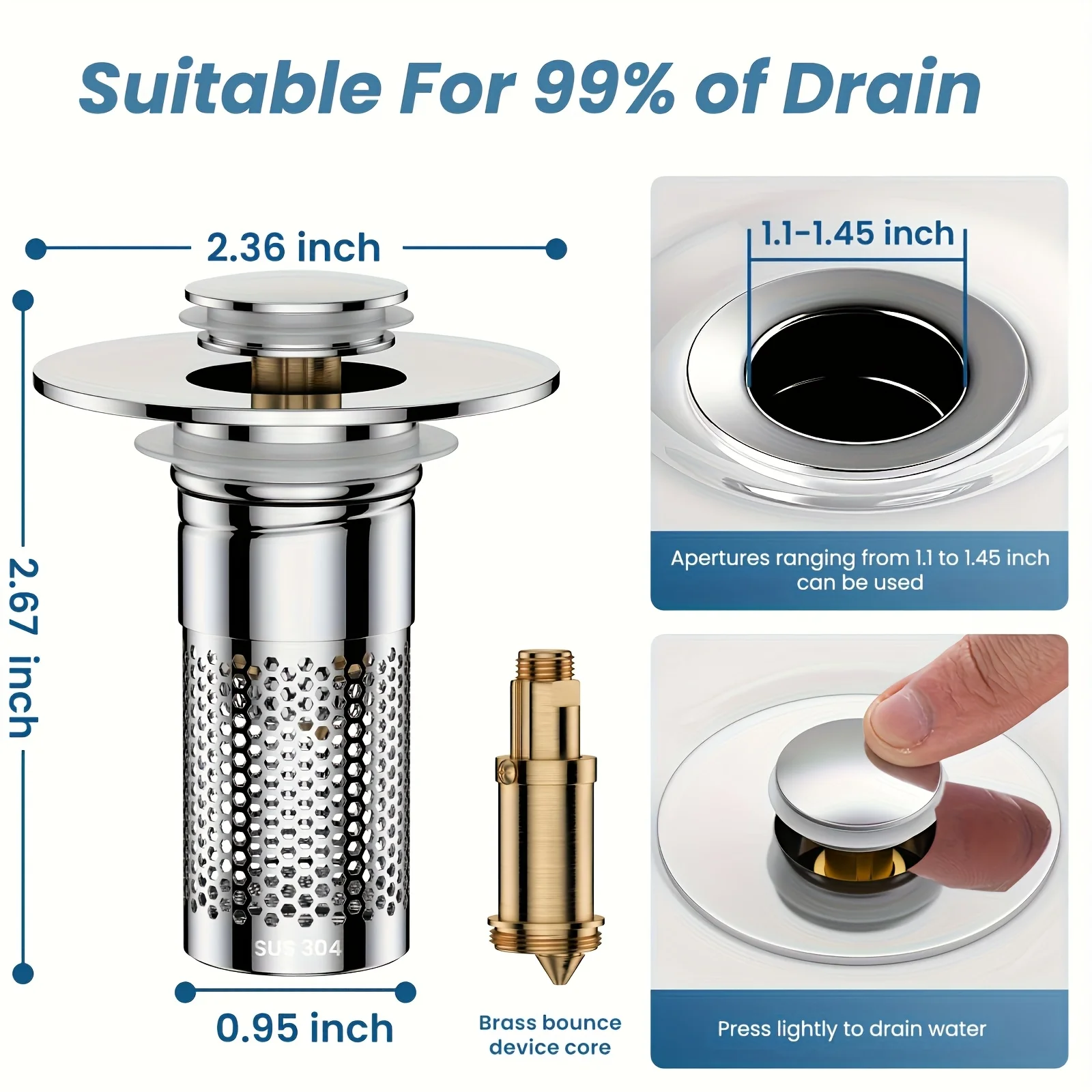 Stainless Steel Floor Drain Filter, Washbasin Plug, anti Odor Pop-Up Buffer Core, with Detachable Basket, Basin Plug, Water Stop, Hair Collector, Sink Filter Screen