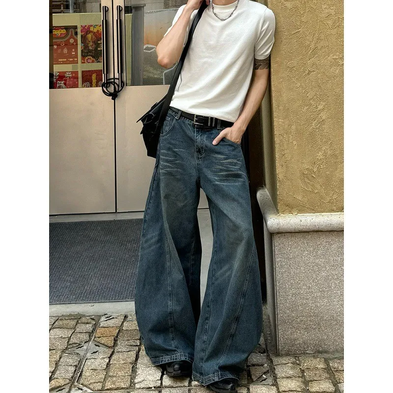 

American Style Vintage Washed Distressed Loose Fit Floor Length Wide Leg Jeans Men's Casual Straight Cut Trousers