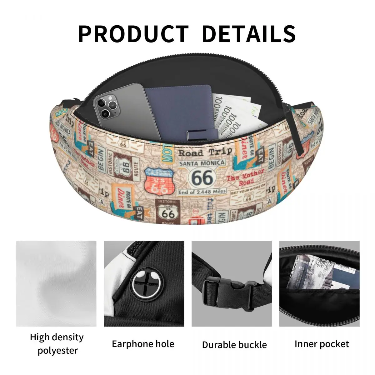 Cool Vintage Route 66 Fanny Pack Men Women USA Highways Map Crossbody Waist Bag for Travel Cycling Phone Money Pouch