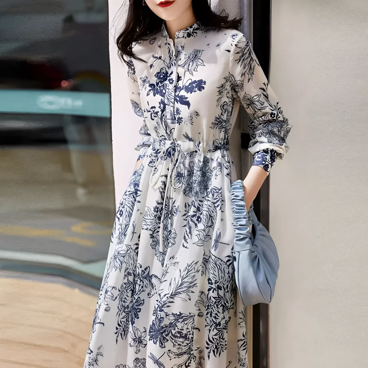 

Women's spring and fall vintage print dress interpretation of elegant temperament lace-up slim French long sleeve long skirt