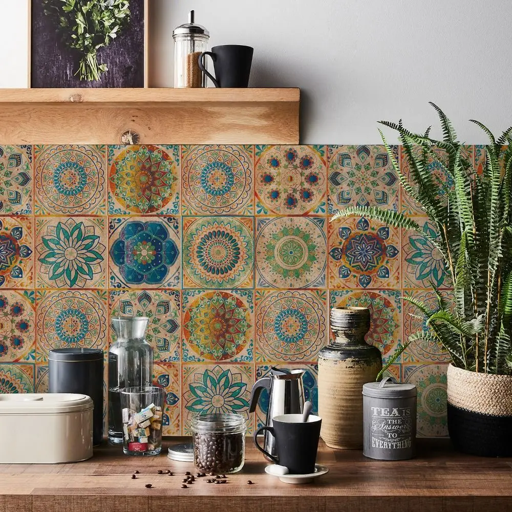 24Pcs/Set Mandala Style Ceramics Wall Sticker Waterproof 10/15/20cm Peel & Stick Art Wall Decals PVC Moisture-proof