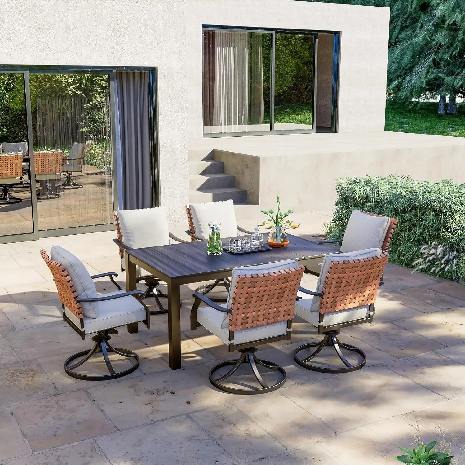 7-Piece Outdoor Dining Set, 6 Leather-Look Wicker Swivel Patio Chairs