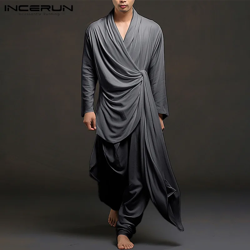 

INCERUN 2024 Korean Style Men Simple Elegant Sets Casual Irregular Solid Long Sleeved Tops Pants Streetwear Two-piece Sets S-5XL