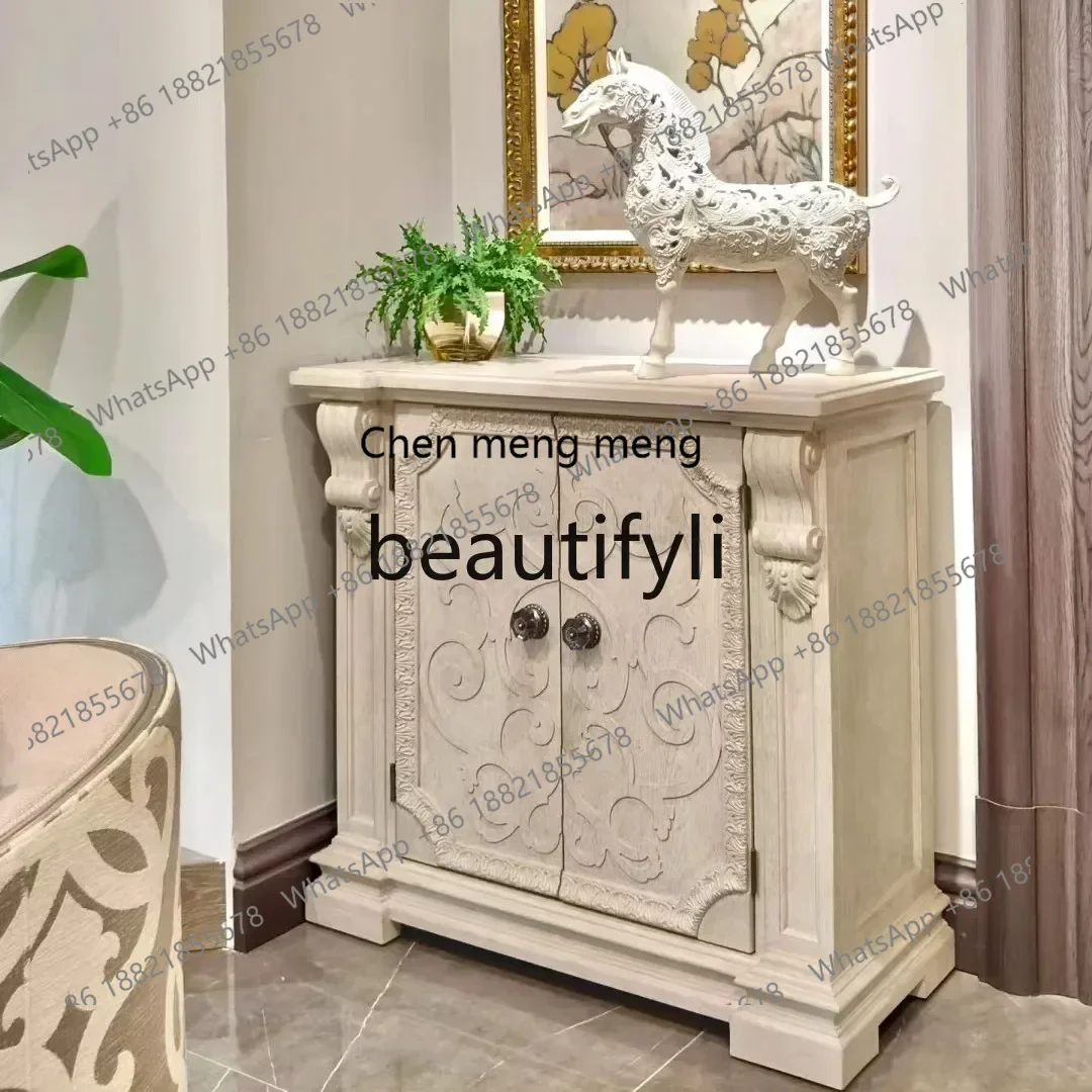 D178 French retro solid wood dining side cabinet, home carved decorative cabinet, architectural revival entrance chest cabinet