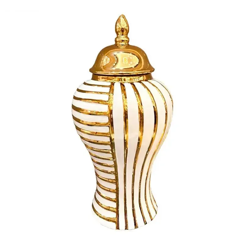 Golden Geometric Stripe Ceramic Storage Jar Gold-plated General Ginger Desktop Jewelry Organizer Box Cosmetic Container