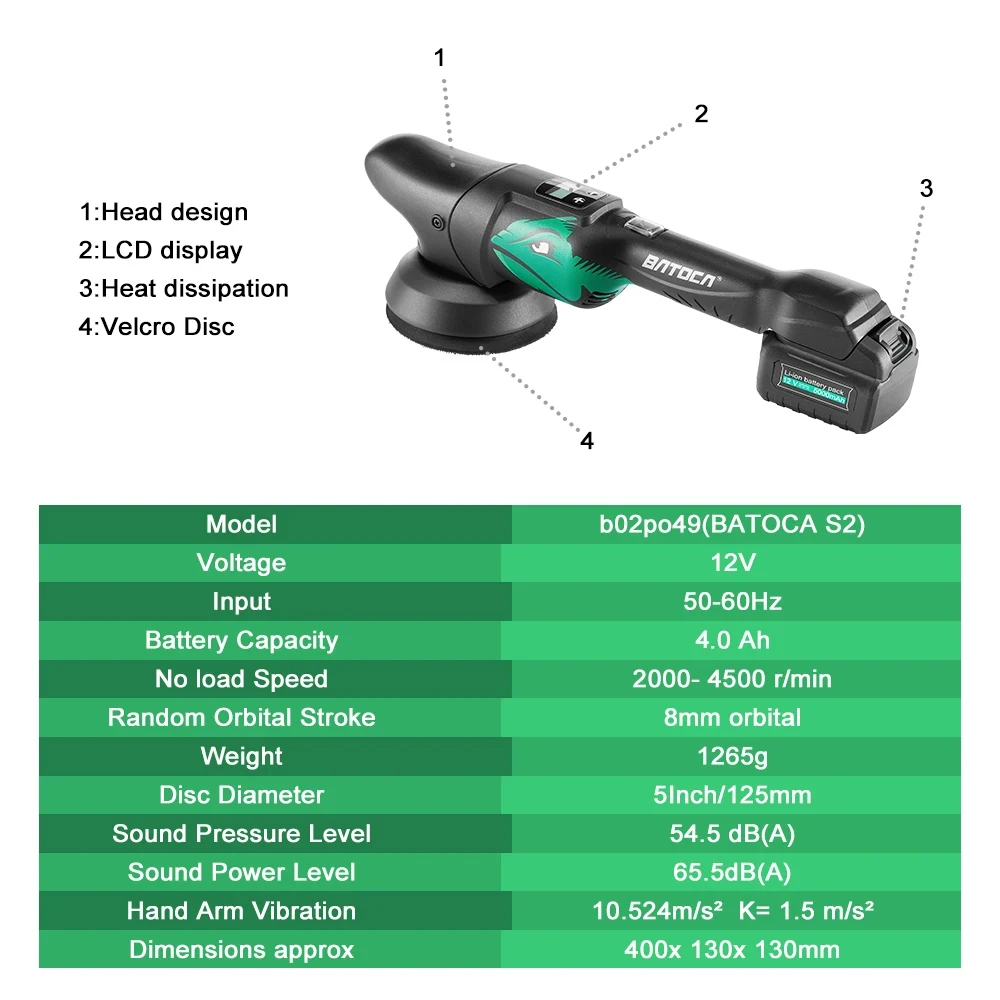 Batoca S2 Cordless Car Polisher Set 2 x 4.0Ah Battery Wireless Car Polishing Machine Dual Action LCD Soft Start Polisher