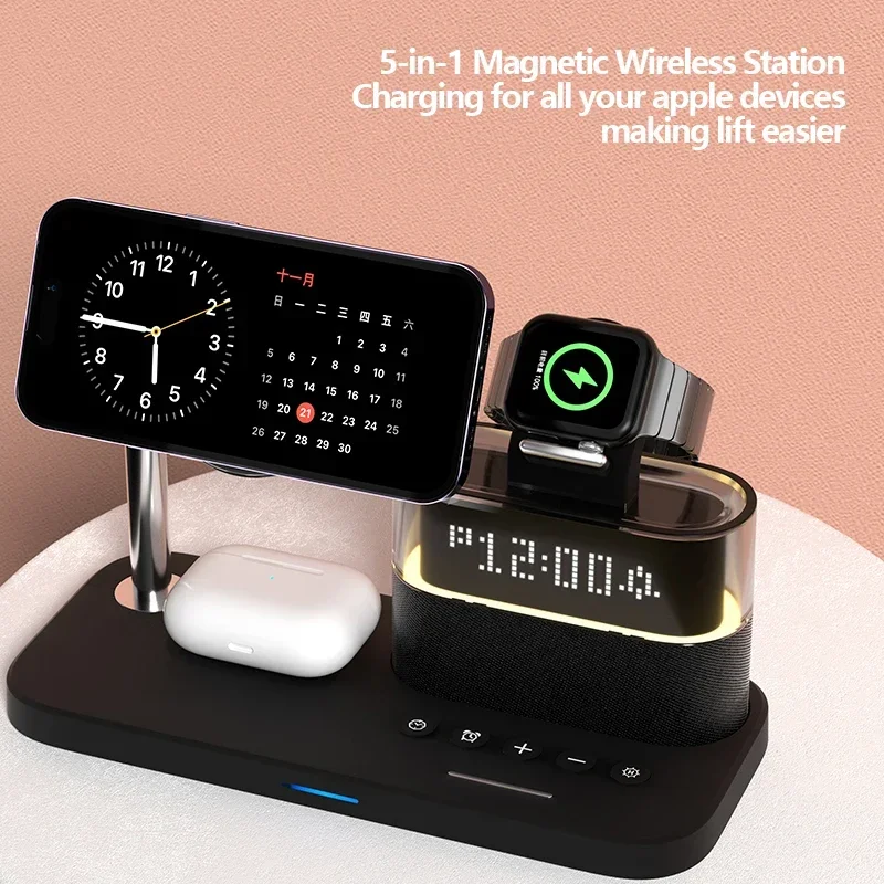 HaaYot 5 في 1 شاحن لاسلكي مغناطيسي محطة شحن سريعة حامل آيفون 17 16 برو ماكس iWatch/Airpods مع ضوء ليلي LED