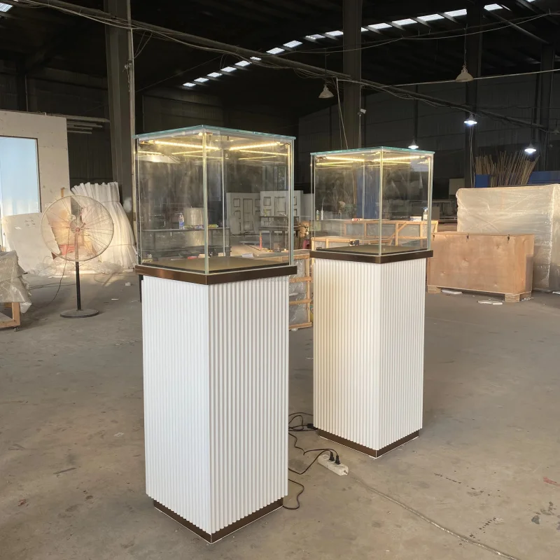 

Customize.Commercial Glass Showcase with White Textured Pedestal & LED Lighting Artifact Retail Product Exhibition