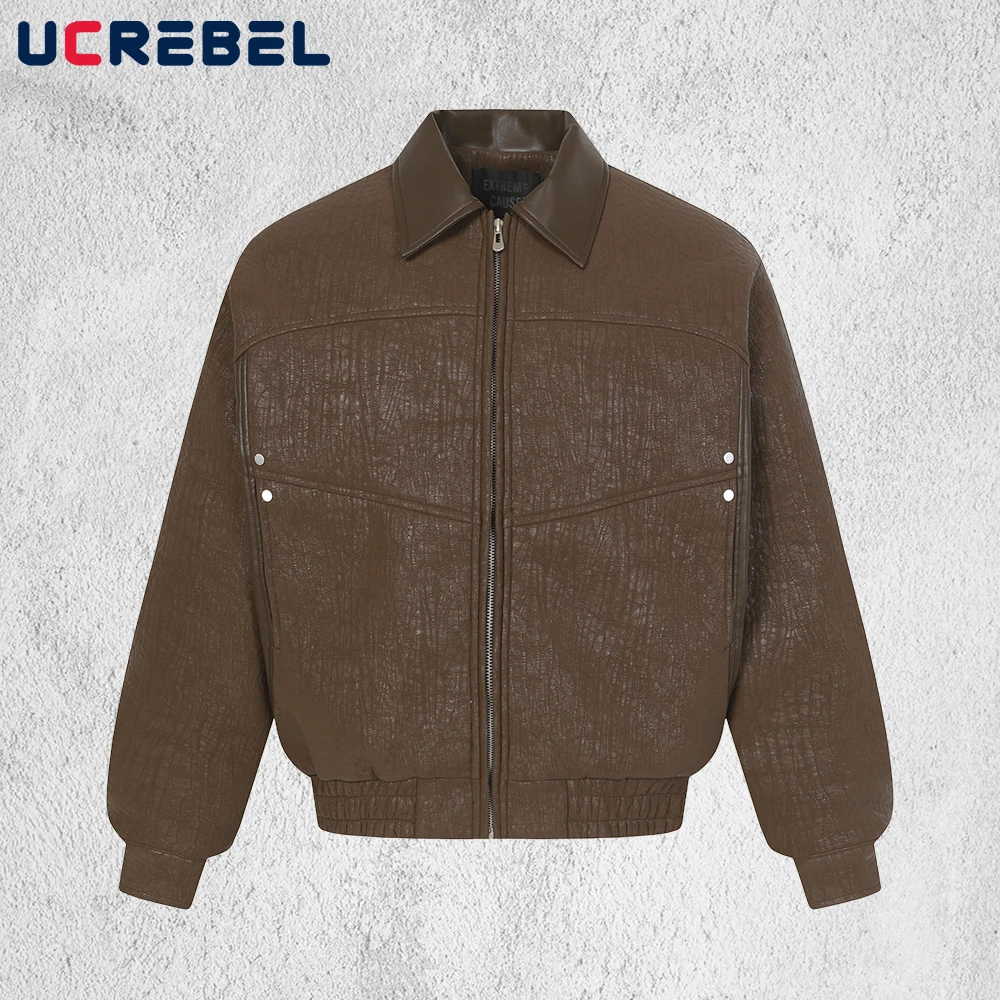 

Spliced PU Leather Jacket Mens Autumn Winter Retro Streetwear Lapel Long Sleeve Loose Motorcycle Jacket Man Outerwear