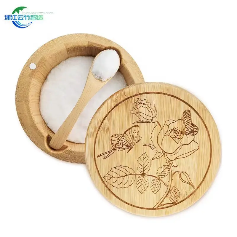 2pcs set Bamboo Salt and Pepper Cellar Bowl Box Container with Lid and Built-in Spoon Kitchen Salt Spice Seasoning Storage