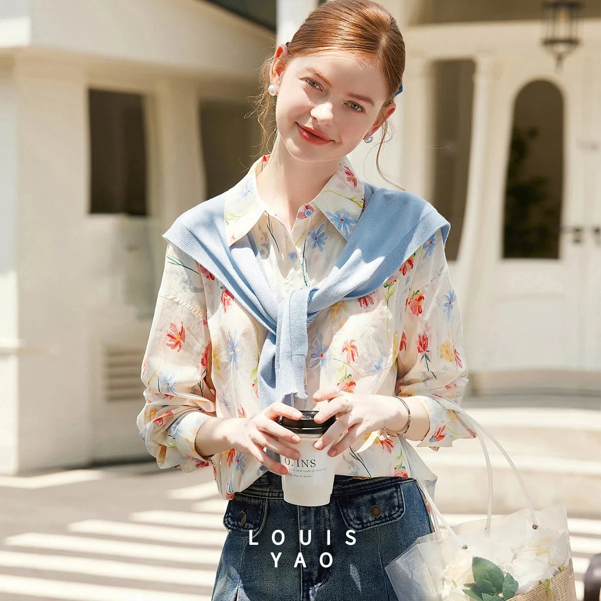 

LOUISYAO Removable Shawl Collar Women's Shirt 2025 Autumn Casual Elegant Printed Advanced Blouses Sweet Long-Sleeve Tops