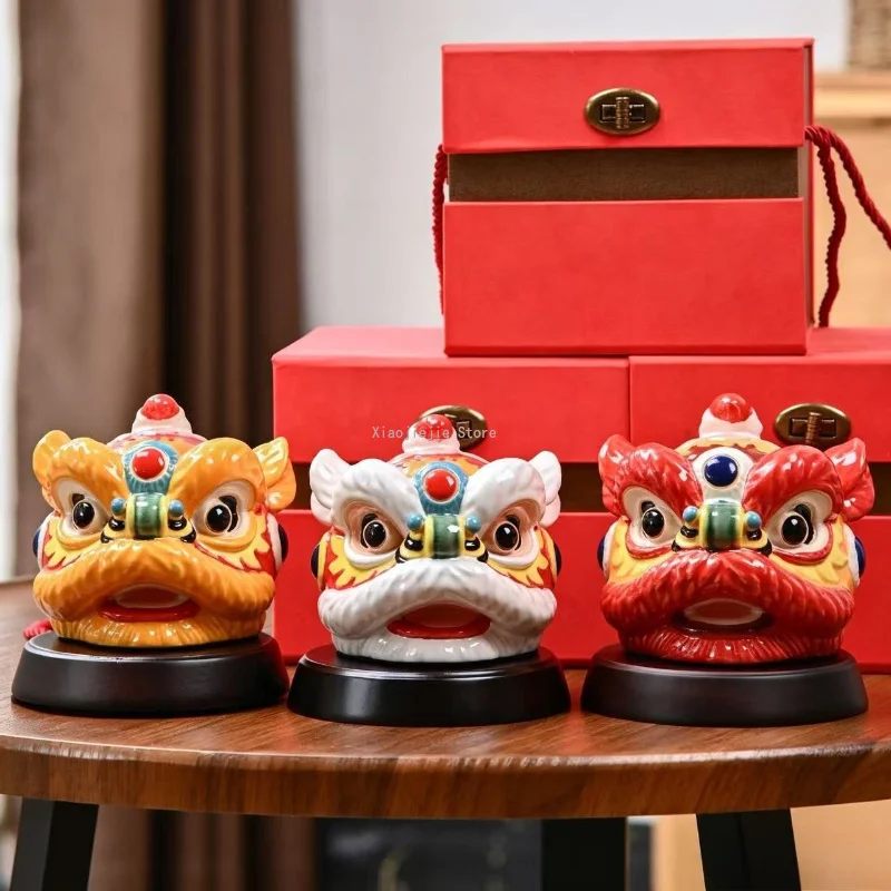 Oriental Folk Lion Head Ceramic Ornament Chinese Style Hand Painted Figurine Desktop Decoration Cultural Craft Holiday Gift