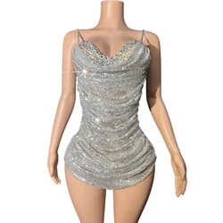 Sparkly Silver Sequins Rhinestones Mini Dress Sexy Evening Celebrate Party Birthday Dress Show Stage Wear Photo Shoot Dress