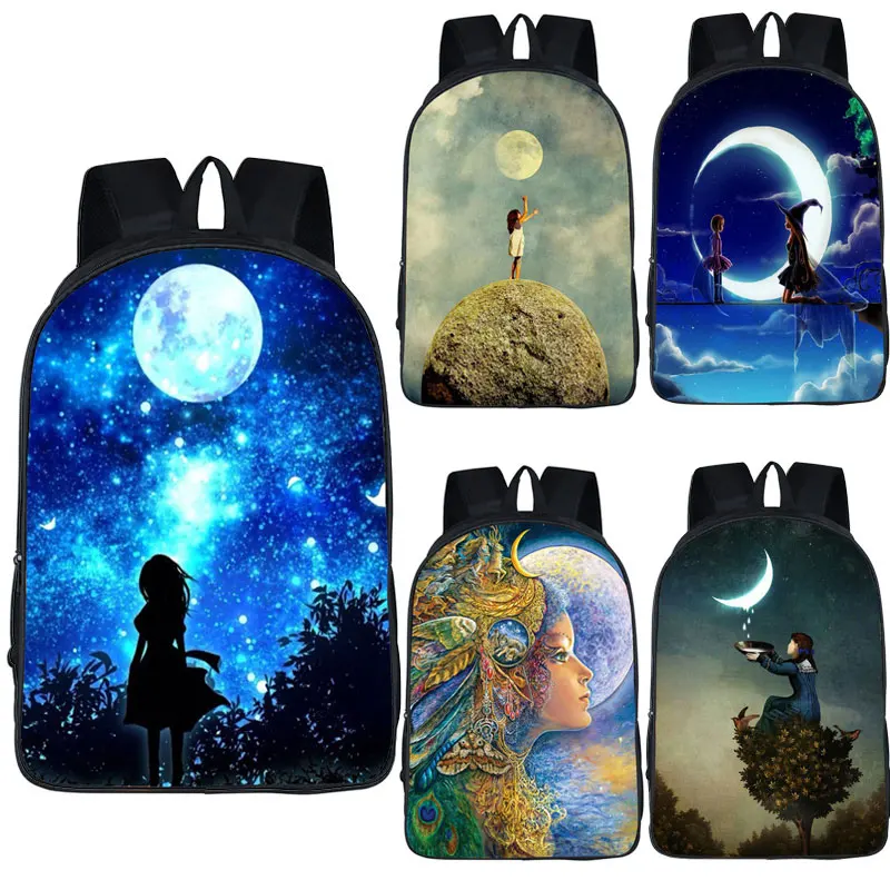 Fantasia Lua Imprimir Schoolbag para Meninas, Mochilas dos desenhos animados, Mochila de Viagem, Adolescentes Mochilas Escolares, Mochila Estudante para Mulheres