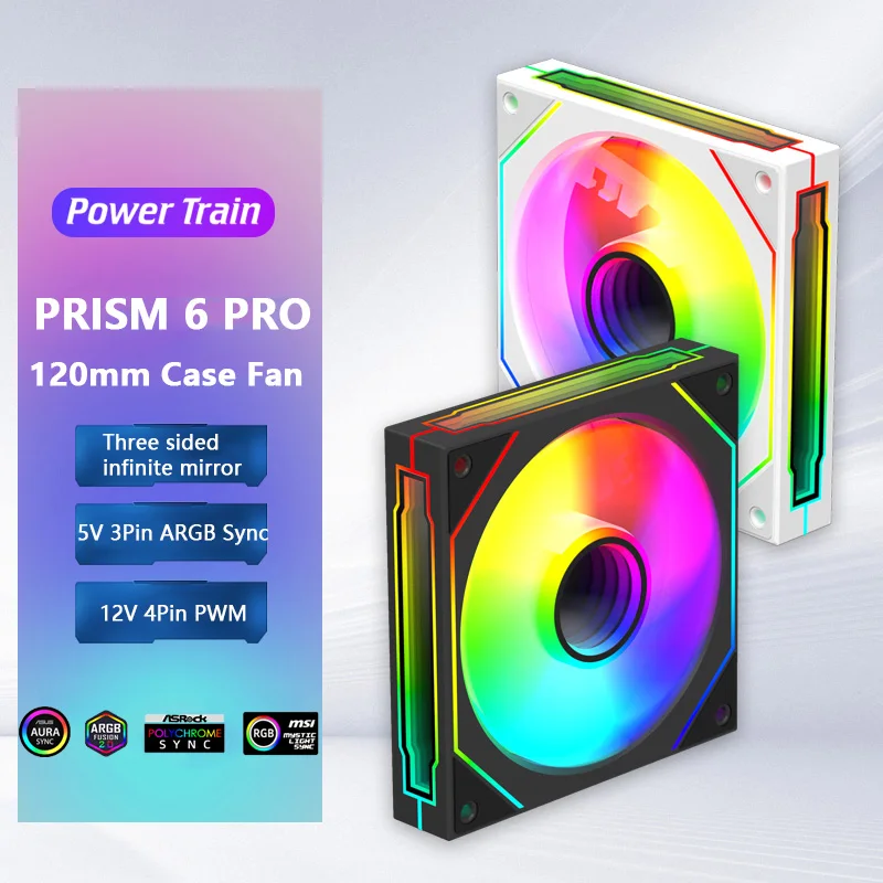 Power train Prism 6 Pro ARGB PC Case Fan 120mm 3-sided Infinite Mirror 5V 3PIN Motherboard Lighting Sync 4PIN PWM