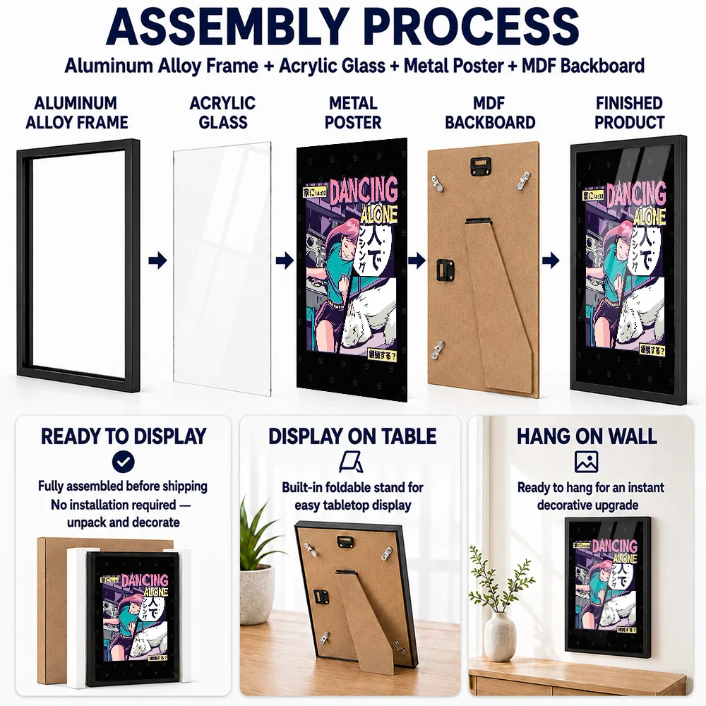 Dancing Alone Vaporwave Anime Framed Metal Print Customized Photo Electric Night Style Wall Art For Gaming Setup Birthday Gift