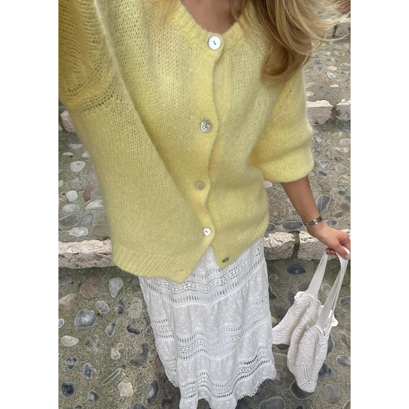 

Combhasaki Women Casual Short Puff Sleeve Knitted Sweater Cardigan Coat Button Up Ribbed Round Neck Solid Color Knitwear Jacket