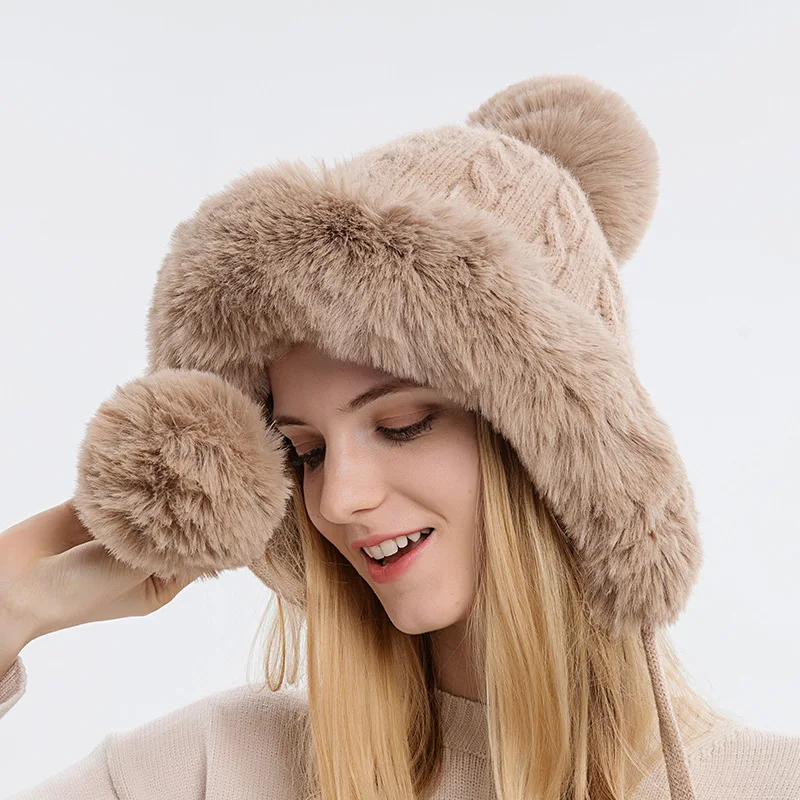 Winter Warm Knitted Hat Fur Women Hat with Earflap Two Balls Lady Outdoor Thicken Plush Fluffy Cap Russian Hats for Women