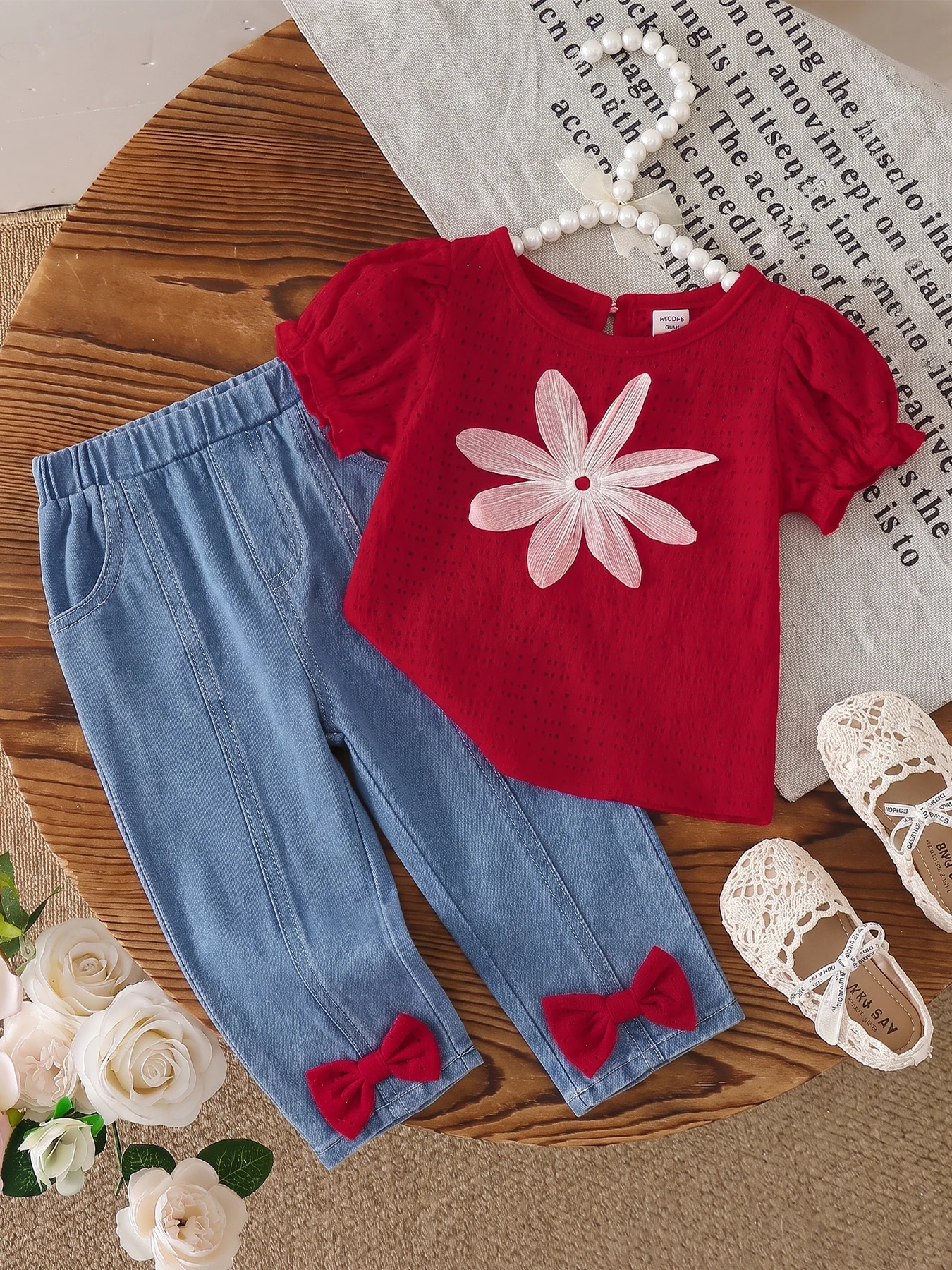 Toddler Girl Red Puff Sleeve Floral Embroidery Top & Bow Denim Pants 2‑Piece Set