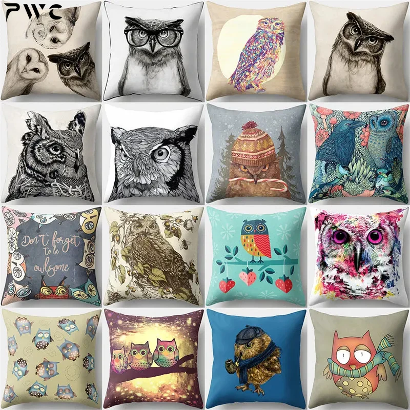 

Cute Cartoon Owl Animal Pillowcase Leaves Plant Square Cushion Cover Car Waist Throw Pillowslip Sofa Living Room Home Decoration