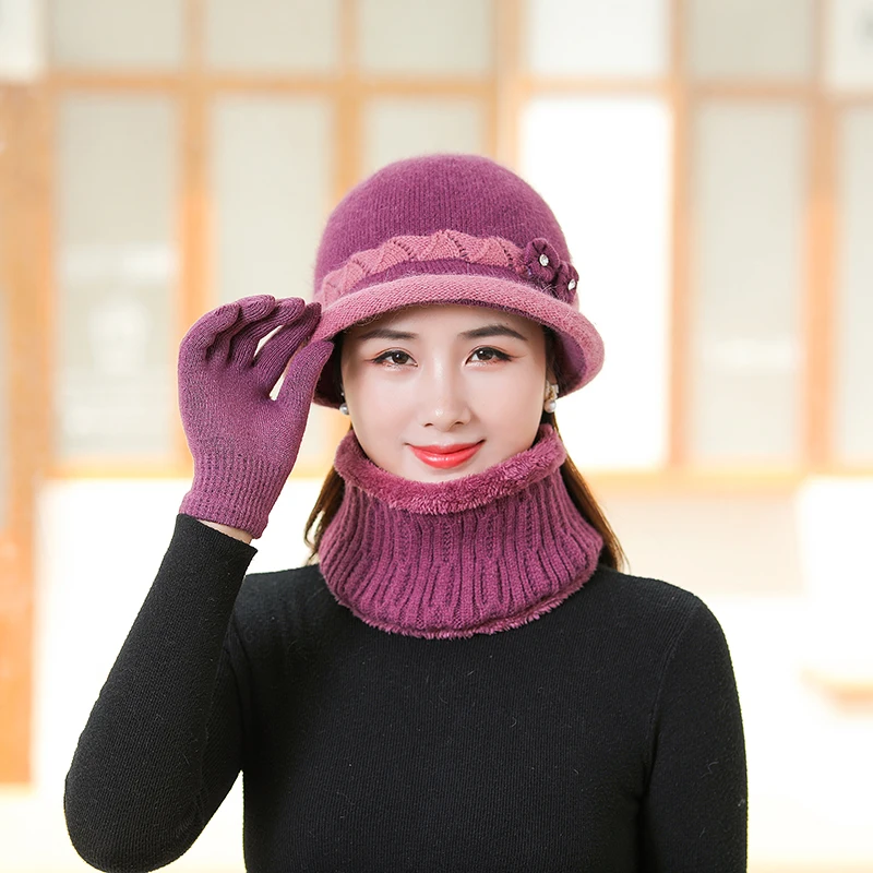 Women's Winter Hat Scarf Gloves Set Wool Fashion Women Knitted Thick Keep Warm Caps Female 3 Pieces Set