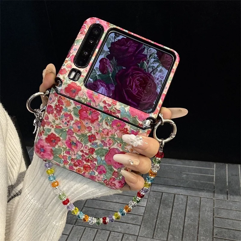 Red Floral Leather Phone Case For Samsung Galaxy Z Flip7 6 5 Case Xiaomi Mix Flip Motorola Razr 50 Ultra Colorful Folding Cover