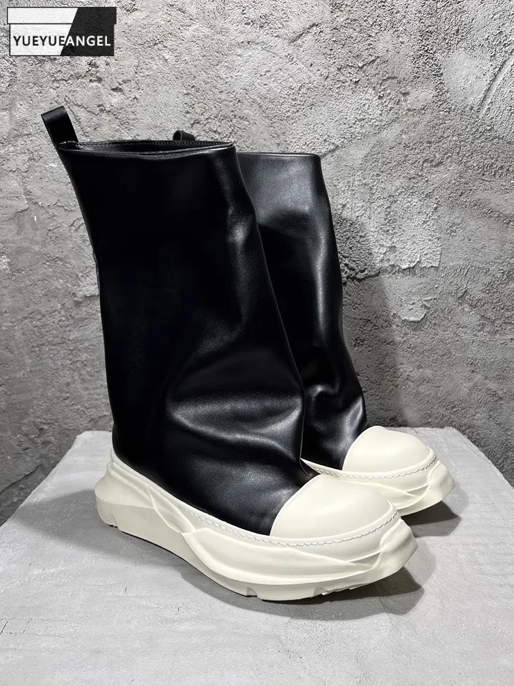 Punk Style Mens High Top Mid Calf Boots Slip On Thick Platform Knight Boots Fashion Unisex High Quality Leather Gothic Shoes