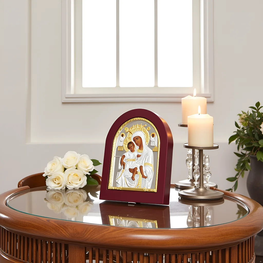 

Orthodox Virgin Mary Icon Greek Zinc Alloy Icon Wooden Frame 7.5 inch Gold Plated Altar Decoration Religion Gift