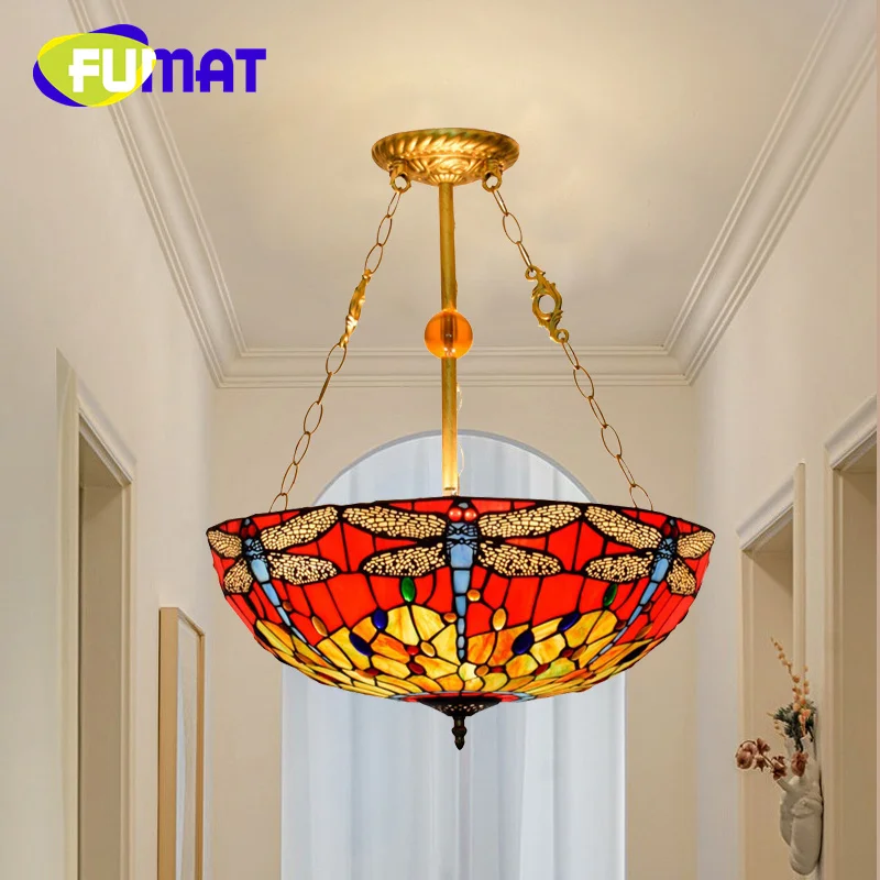 FUMAT Tiffany 20 inch upside-down pendant light beauty style red dragonfly  living room Dining Room bedroom hanging bowl light