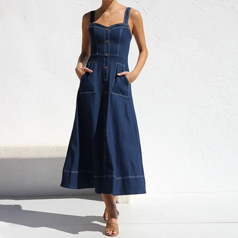 

2025 Dress Women Elegant Fashion Beautiful Women's Dresses Party Suspenders Distressed Casual Style Button Denim Long Dress
