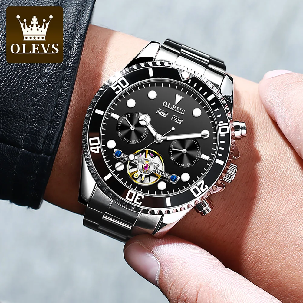 OLEVS 6605 Luxury Top Brand Automatic Watches for Men Skeleton Flywheel One-Way Rotation High end Mechanical Men\'s Wrist Watches