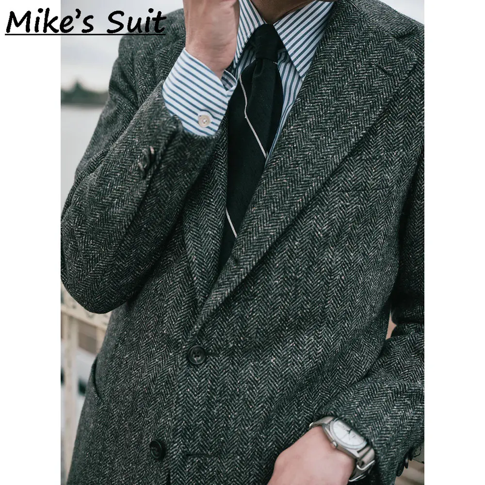 Men Two Buttons Notch Lapel Suit , Speckled Herringbone Wool Tweed Fabric, Country Wedding Relax Fit Blazer