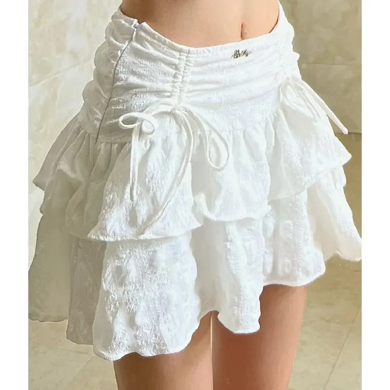 Deeptown Fairycore marszczona damska Mini spódniczka biała koronka słodka Kawaii krótkie spódniczki kokietka warstwowa plisowana koreańska modna spódnica