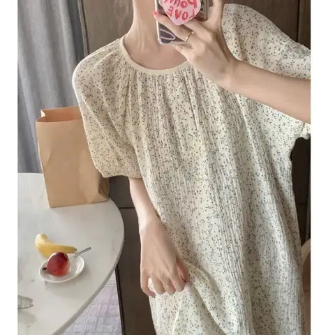 꽃 여성 잠옷 짧은 소매 잠옷 오-넥 나이트 드레스 한국 패션 Nightwear Ruffles 여름 원피스 잠옷 드레스