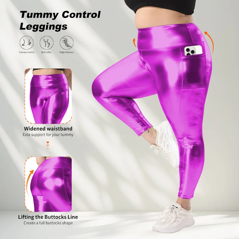 

High Waist Faux Leather Yoga Pants - High Elastic No Camel Toe With Pocket Hot Stamping Sexy Workout Leggings