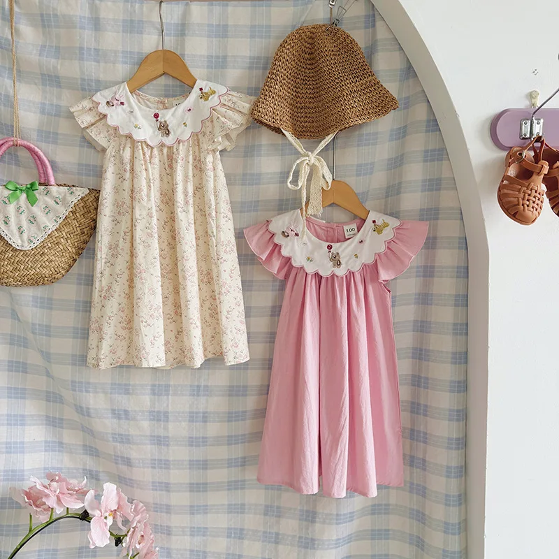 

Flower Collar Bear Embroidered Girls' Dress Children's Clothing 2026 Summer Flying Sleeve Children's Skirt