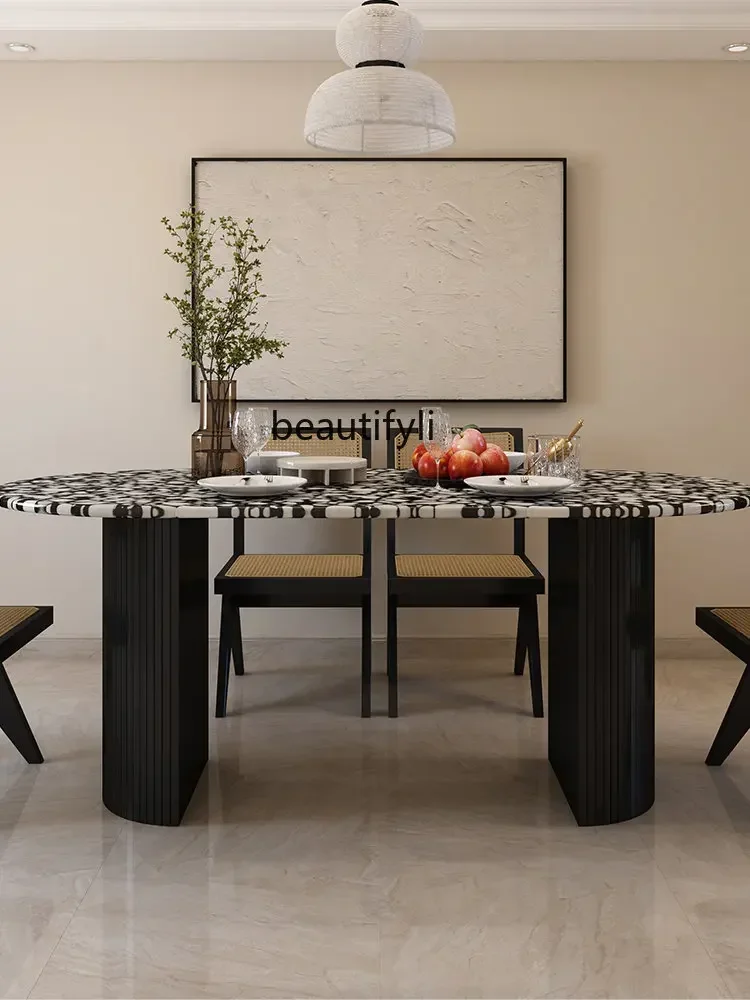 CC182R11 French Entry Lux Terrazzo Dining Table Marble Oval Simple Retro Designer Solid Wood Dining Table