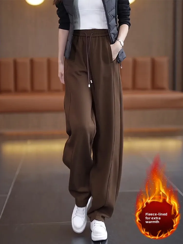 

Женские повседневные брюки-палаццо цвета хаки, осенне-зимние, с высокой талией, из струящегося флиса, прямые, спортивные, элегантные