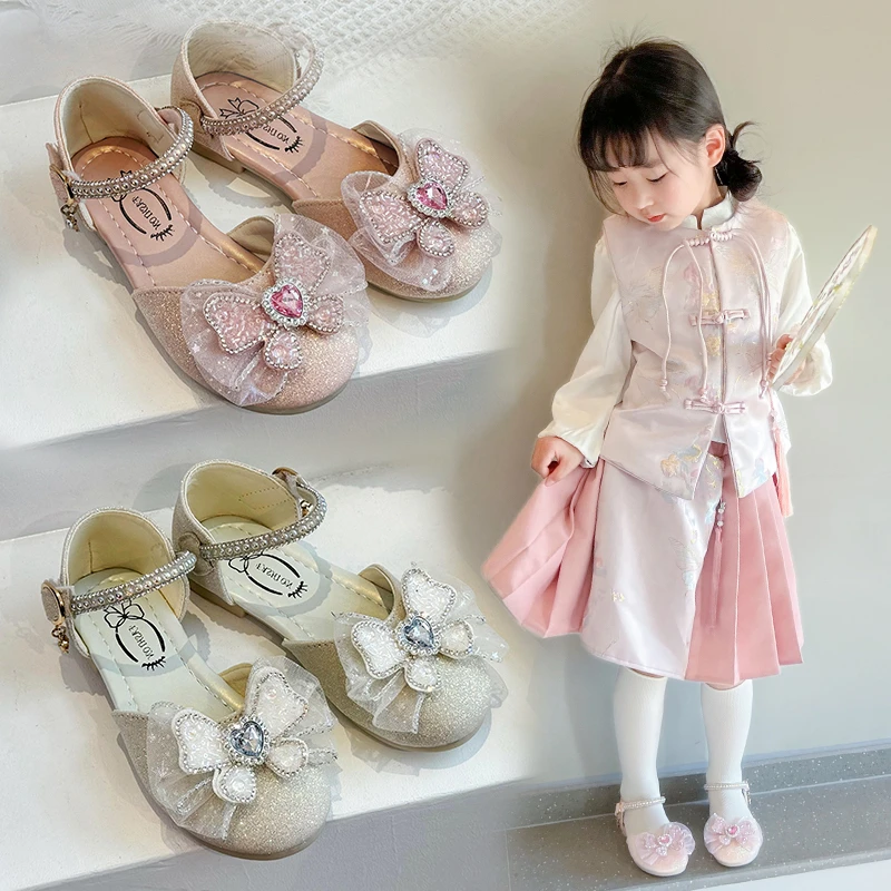 Girls Sandals Beige Bow Rhinestone Mary Jane Shoes Pink Fashion Hundred Soft Non-slip Girls Kid Fashion Sandals Girl Shoes