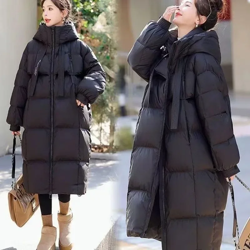 Korean Version of Long Down Padded Coat Women 2024 New Hooded Padded Coat Loose Casual Winter Thickened Bread Suit Jacket Women