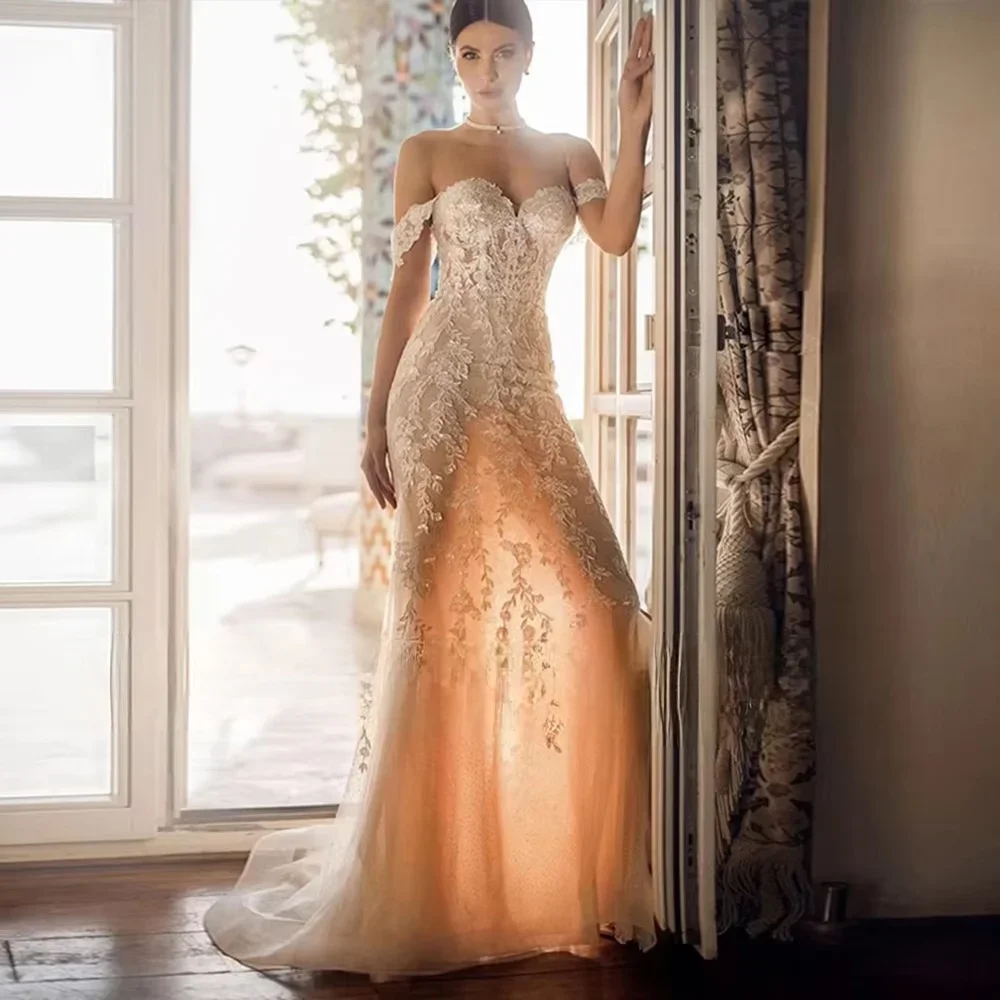 

Flavinke Customzied Elegant Sweetheart Neck Short Sleeve Beaded Waist Sequined Shiny Mermaid Wedding Dresses Detachable Train