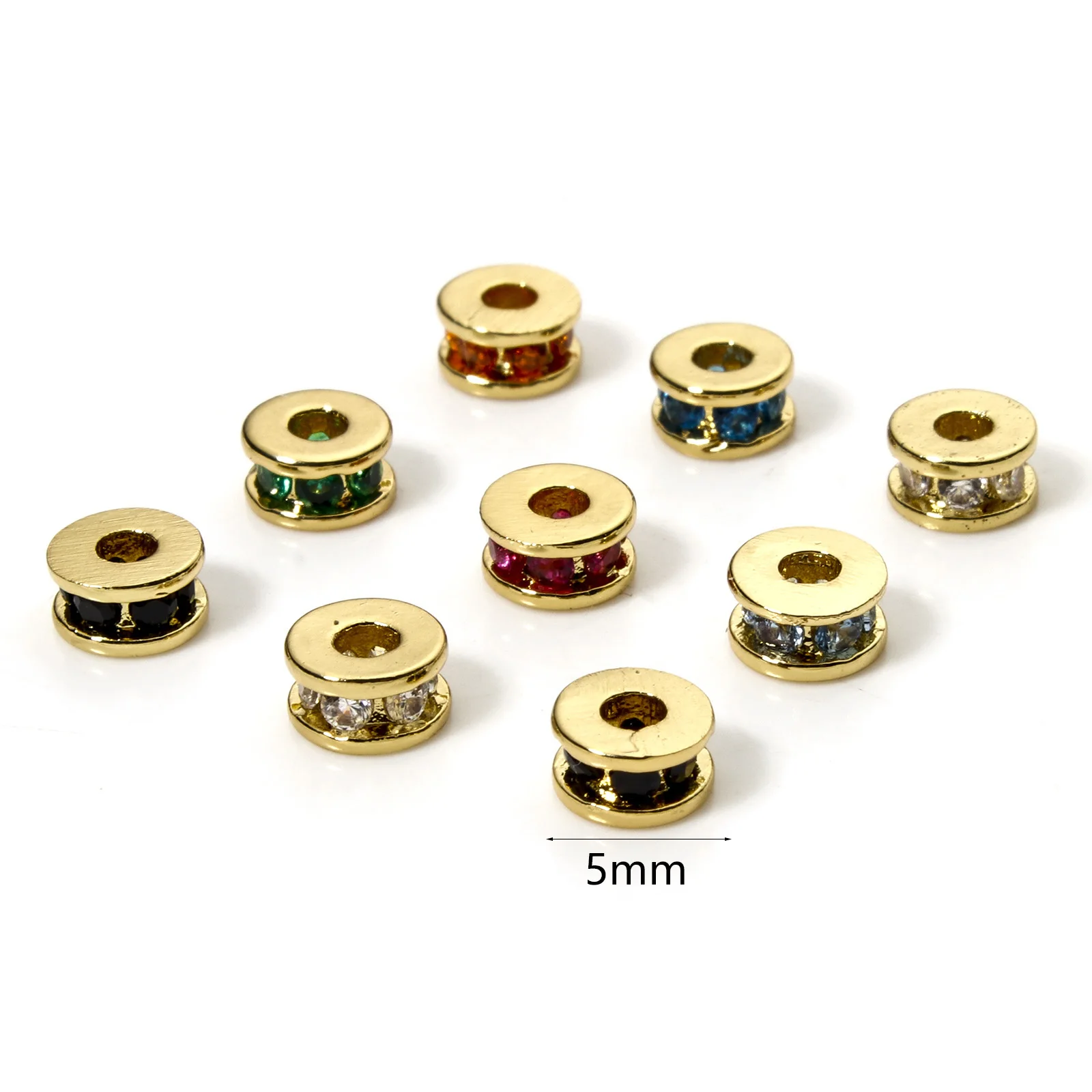 2/6PCs Brass Spacer Beads For DIY Bracelet Jewelry Making Findings 18K Real Gold Plated Flat Round Cubic Zirconia About 5mm Dia.