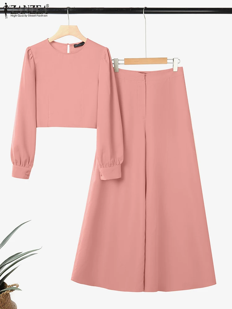 2025 ZANZEA Autumn 2PCS Outfits Women Pant Sets Solid Tracksuits Suit Long Sleeve Cropped Tops Wide Leg Trousers Matching Sets