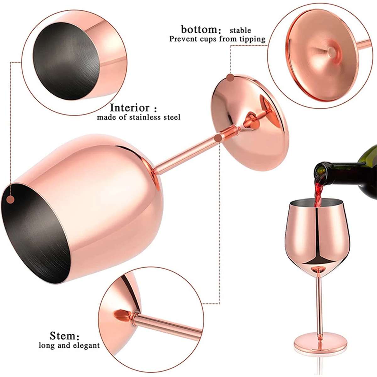 2Pcs Stainless Steel Wine Glasses 18oz Large Capacity Wine Goblets Unbreakable Rose Gold Wine Glasses Multifunctional Stainless